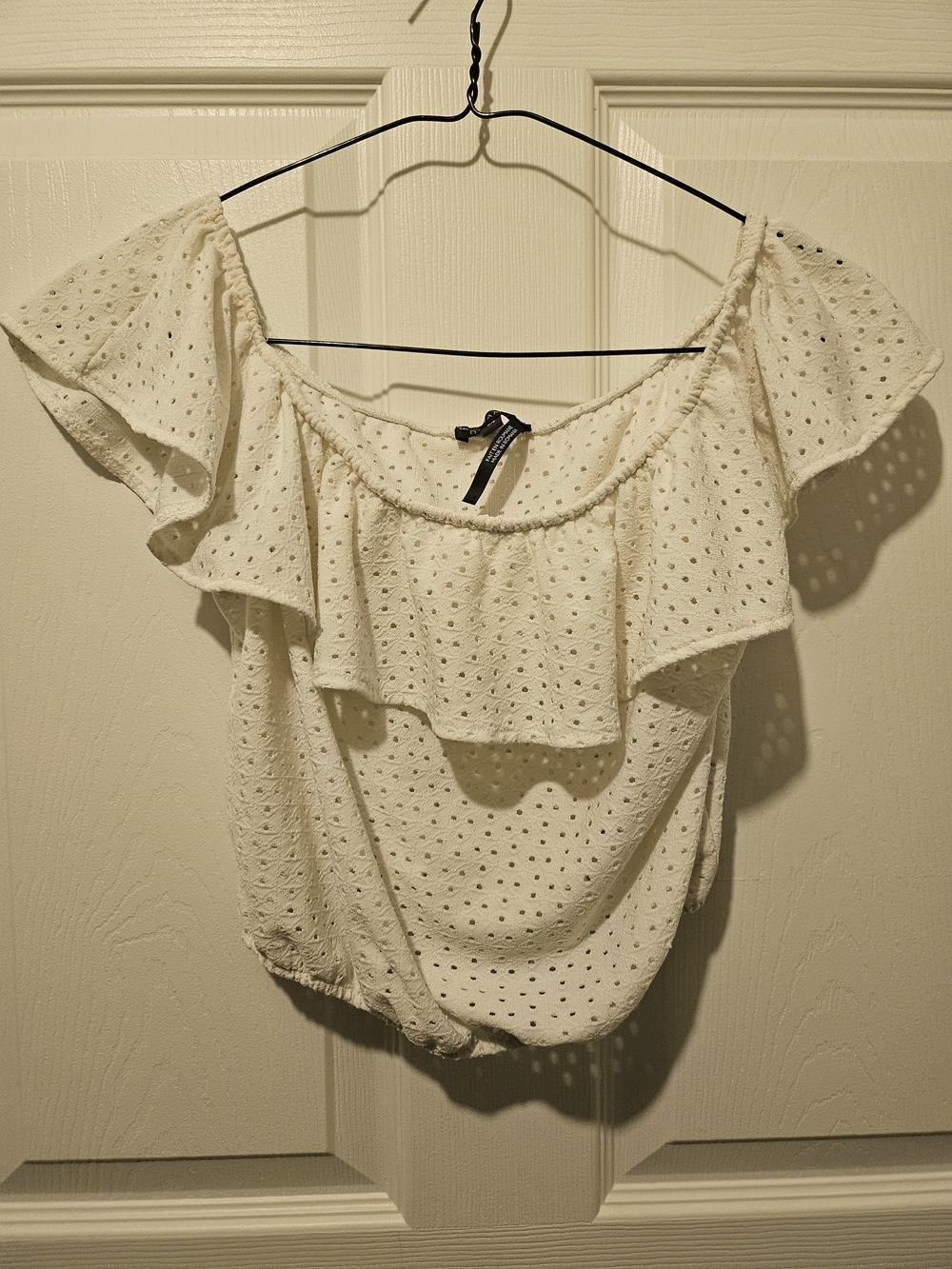 Dynamite Cream Off-Shoulder Eyelet Ruffle Crop Top